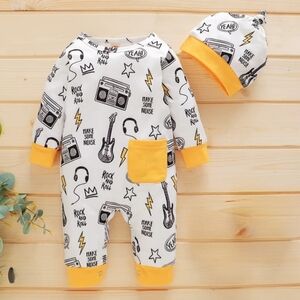 Baby Boy Girl Rock 'N Roll Soft Pajama Jumpsuit Hat Set Long Sleeve PJ One Piece